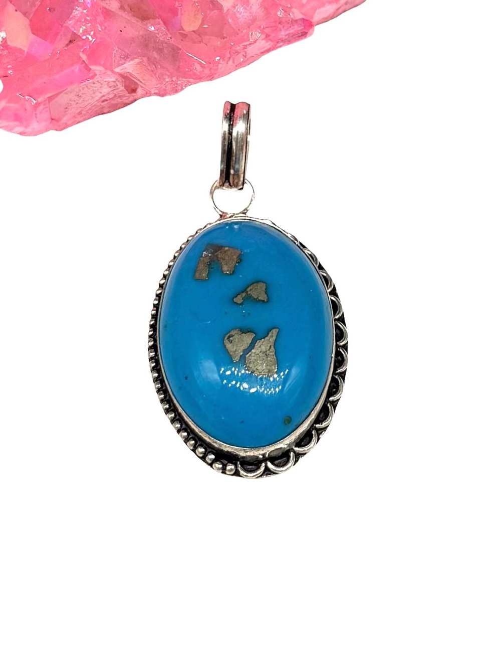 Synthetic Turquoise w/ Pyrite Necklace Pendant 925 Sterling Silver Overlay